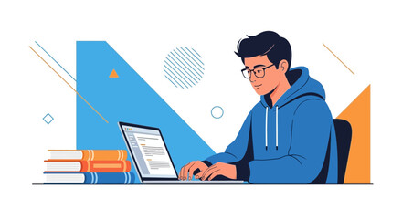 Young Man Works Intently On Laptop Beside Books With Geometric Shapes Backdrop