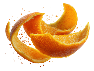 Orange Peel Twists with Flying Zest Fragments on Black citrus fruit isolated on a transparent background
