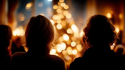 Defocused faceless silhouettes enjoying festive music near the glowing Christmas tree, cozy home lights creating dreamy ambiance, with copy space