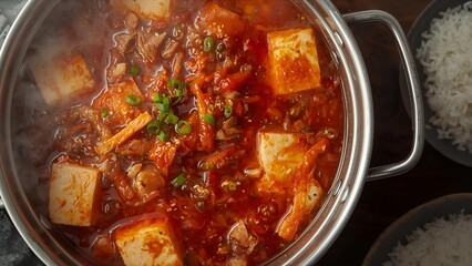 A realistic image of kimchi jjigae (kimchi stew), simmering in a hot pot with chunks of tofu, tender pork belly, and vibrant, spicy kimchi.
