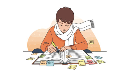 Young Person Focused on Writing or Studying with Notepad and Sticky Notes Illustration