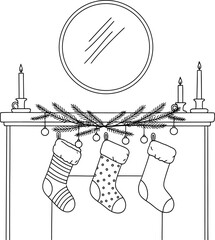 Fireplace mantel decorated with christmas stockings and candles line art style