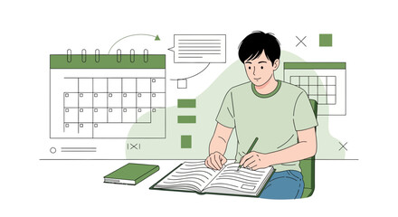 Young Person Planning and Writing in a Notebook with Calendars and Timelines