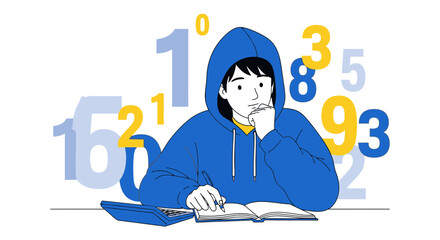 Young Person Thinking About Math Problems With Numbers And A Calculator