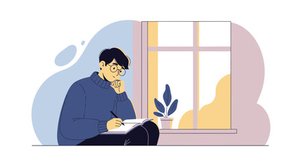 Young Person Writing Journal by Window Thinking and Contemplating Life's Mysteries