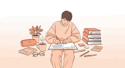 Young Person Writing and Studying With Books, Plant, and Coffee In Peaceful Setting