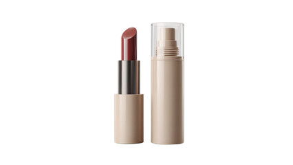 Obraz premium Close-up of a stylish lipstick in neutral tones, showcasing modern packaging and creamy texture on a transparent background.