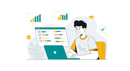 Young Professional Analyzing Data And Monitoring Progress Online Using Laptop Illustration