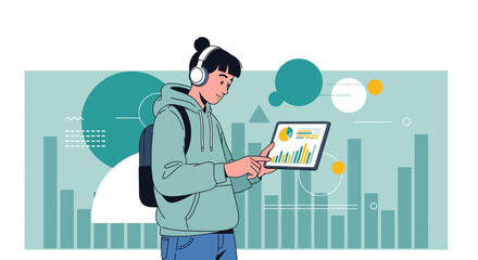 Young Professional Analyzing Charts on a Tablet Device While Listening To Music
