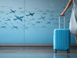 Womans hand with a rolling bright blau suitcase in front of a large airport wall