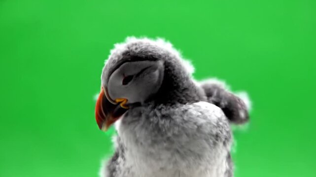 パフィンのヒナが可愛い首振り 緑背景