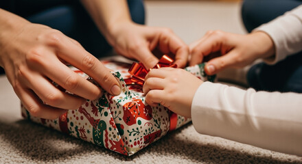 Parent and child opening a Christmas gift together on a cozy carpeted floor