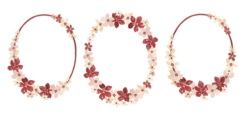 Retro floral frames set with cute flowers. Vintage floral wreath hand drawn with watercolor. Simple elegant design for birthday, baby shower card, banner, invitation, frame art