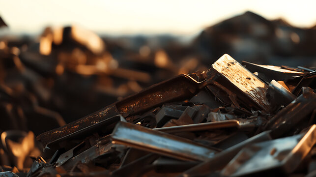 Close-up of a scrap metal pile, featuring worn, reflective metal pieces. This image shows the texture and pattern of discarded materials against a soft, blurry background. - Powered by Adobe
