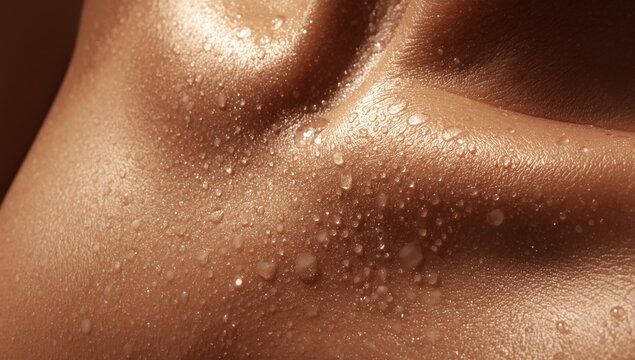 Closeup of a sweaty womans chest and shoulders glistening with moisture after a workout