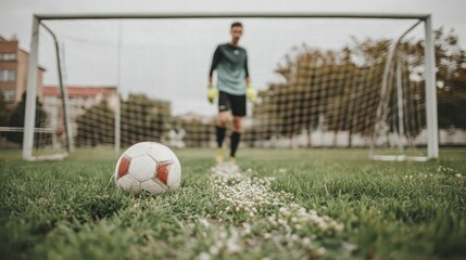 Goalkeeper preparing for a penalty shoot with focused soccer ball on field