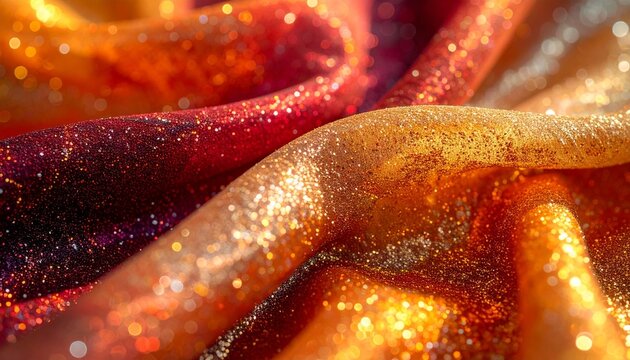 Close-up of shimmering orange and gold fabric with glittery texture and soft folds, capturing light play and luxurious surface detail.