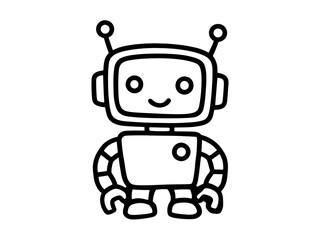Fototapeta premium Smiling black-and-white line art of a friendly cartoon robot. Cute robot illustration, kids' design, coloring page. ideal for coloring pages, kids’ designs, stickers and icons.