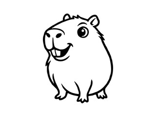 Cute cartoon capybara or guinea pig  black and white contour line drawing. Simple outline illustration of a cheerful guinea pig, suitable for coloring pages, kids’ art, stickers and logos. 