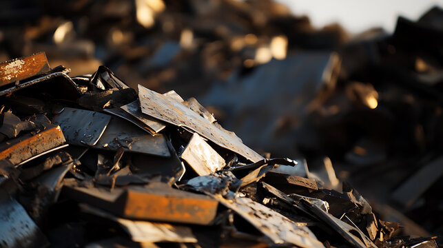 Pile of rusty scrap metal creates an industrial abstract landscape. Sunlight glints off the edges, creating a mix of textures and colors. Urban decay and recycling. - Powered by Adobe