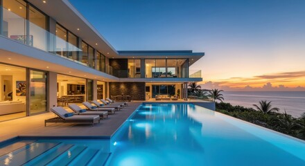 Fototapeta premium Modern luxury villa with infinity pool and ocean view at sunset, contemporary architecture
