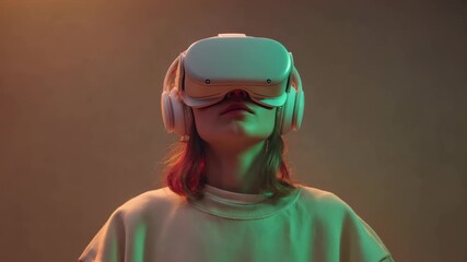 Young caucasian female experiencing virtual reality with headset and headphones - Powered by Adobe