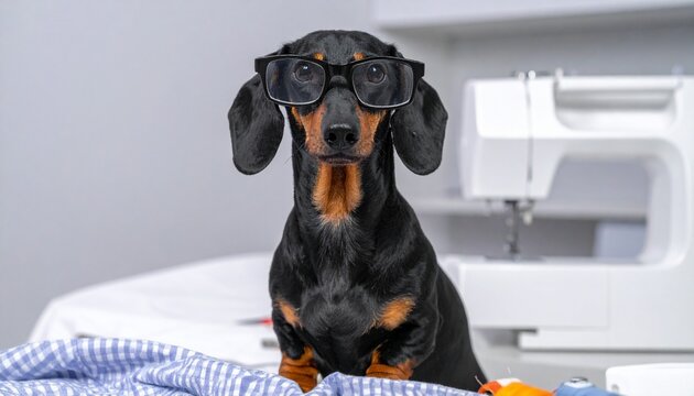 Dachshund wearing sunglasses sits at sewing table with machine, thread, scissors, and pincushion, creating a humorous and creative workspace scene.