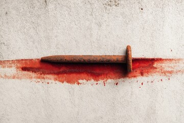 Single rusty nail on rough surface with red blood smear symbolizing crucifixion, suffering and Christian redemption