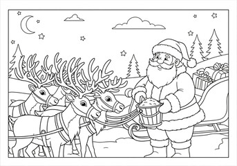 Christmas coloring page with Santa Claus feeding reindeer and sleigh full of gifts