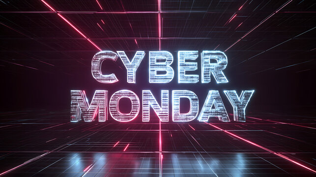 Abstract Cyber Monday Text on Digital Portal Tunnel – Futuristic Advertisement and Poster Design Concept