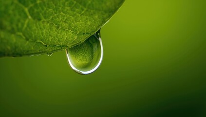 A single water droplet clings to the edge of a green leaf, reflecting the surrounding environment