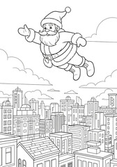 Santa Claus flying over city skyline Christmas coloring page
