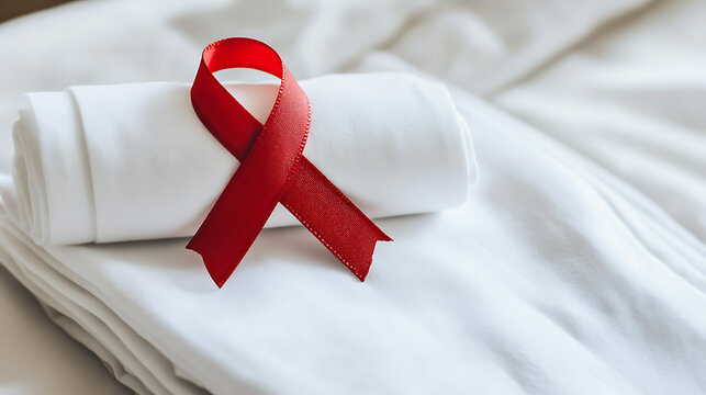 A visual declaration. Crimson ribbon symbolizes solidarity and strength on pristine white fabric, a poignant reminder of unity. Awareness and compassion unite.