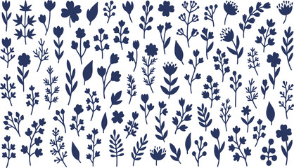 Big bundle of botanical wildflower silhouettes, minimal navy vector stems and leaves, floral clipart set, Scandinavian folk style decoration elements