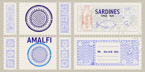 Vintage amalfi coast themed postage stamps featuring sardines and sunflowers in olive oil