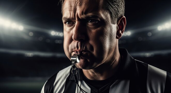 Intense referee blowing whistle at stadium, focused on fair play in the heat of the game, sportsmanship and authority on the field with bright lights