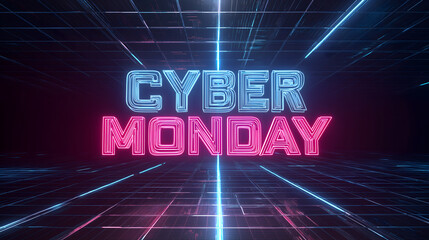 Abstract Cyber Monday Text on Digital Portal Tunnel – Futuristic Advertisement and Poster Design Concept