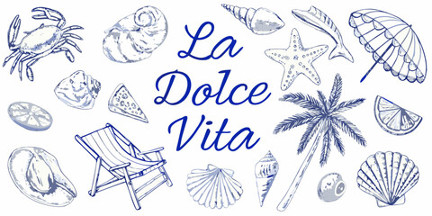 La dolce vita italian summer beach life illustration with seashells crab palm tree and lounge chair