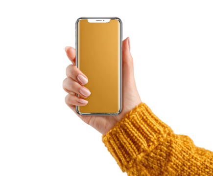 Hand Holding Modern Smartphone with Yellow Screen and Orange Sweater mobile isolated on a transparent background
