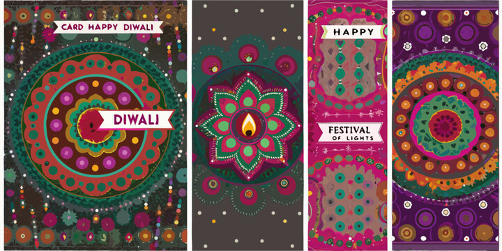 Vibrant diwali festival of lights greeting cards with intricate mandala patterns and glowing lamps