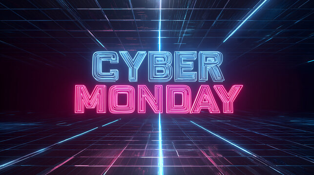 Abstract Cyber Monday Text on Digital Portal Tunnel – Futuristic Advertisement and Poster Design Concept