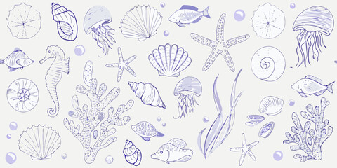 Hand drawn collection of marine life and seashells in a whimsical doodle style with purple outlines © Lalin