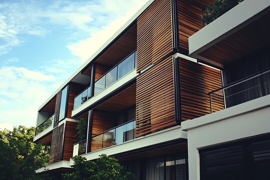 Modern apartment building facade with wooden louvers and glass balconies under a blue sky