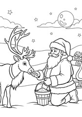 Santa Claus feeding reindeer under moonlight coloring page
