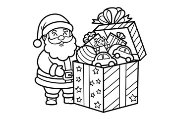 Santa Claus with Christmas gift box full of toys and presents coloring page