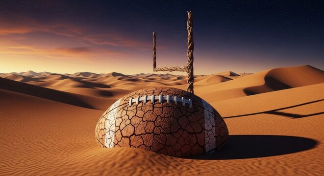 Surreal football concept in desert sunset with goal post, perfect for sports marketing, team spirit, or unique visual metaphors about challenges and resilience