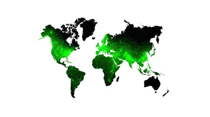World map with glowing green dots showing population density, highlighting urban areas and city clusters across continents, on transparent background