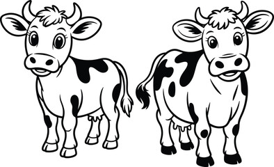Cute cartoon cow line art illustration, black and white farm animal drawing for kids coloring book and educational design