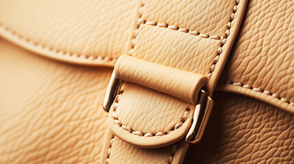 Close-up of a tan leather bag with a buckle. Shows the texture and detail of the leather, stitching, and metal of the buckle. Soft lighting highlights the material.