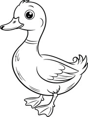 Cute cartoon duck black and white line art, simple duck illustration for kids, farm animal coloring page printable design